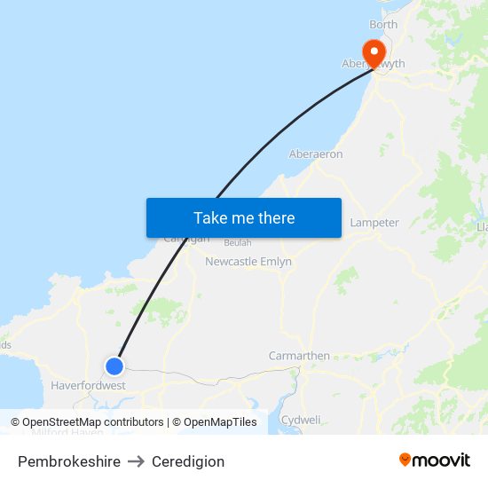 Pembrokeshire to Ceredigion map