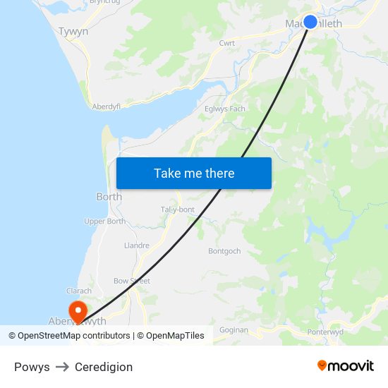 Powys to Ceredigion map