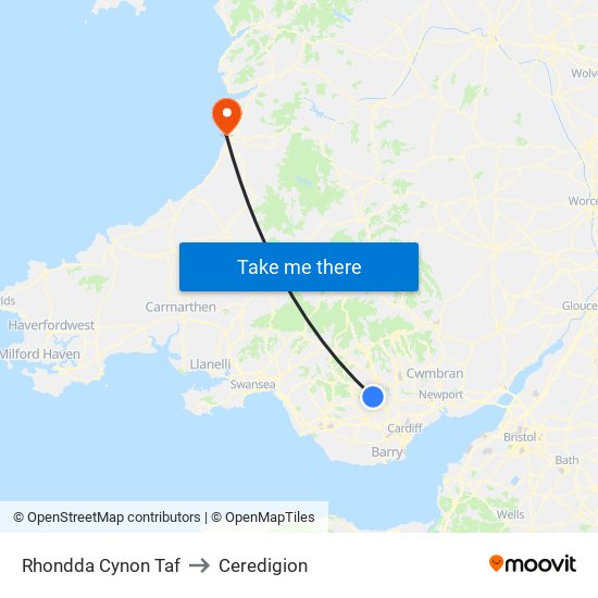 Rhondda Cynon Taf to Ceredigion map