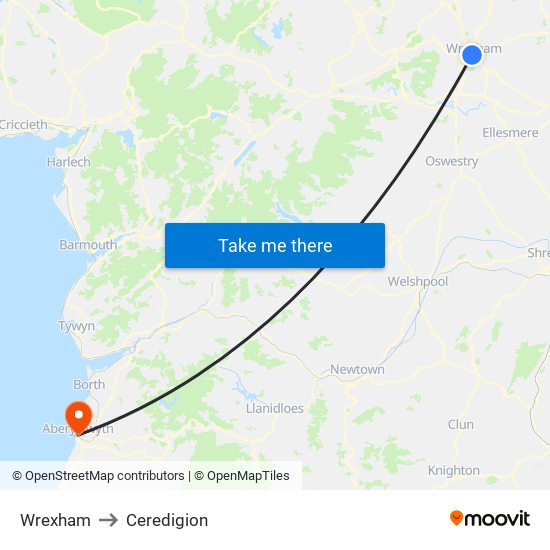 Wrexham to Ceredigion map