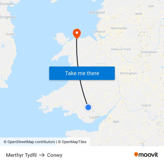 Merthyr Tydfil to Conwy map
