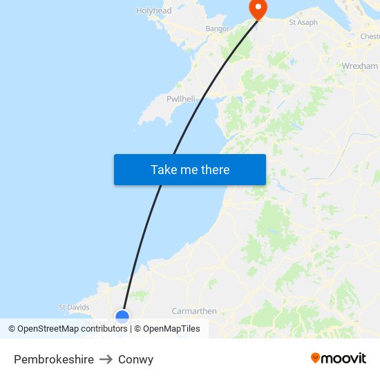 Pembrokeshire to Conwy map