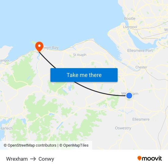 Wrexham to Conwy map