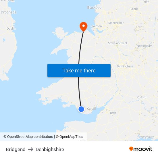 Bridgend to Denbighshire map