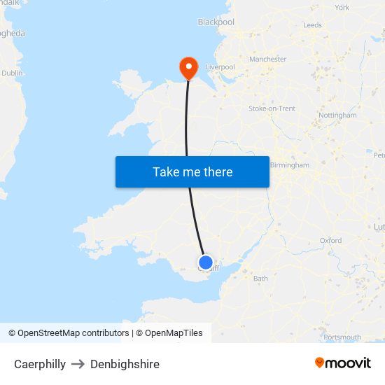 Caerphilly to Denbighshire map