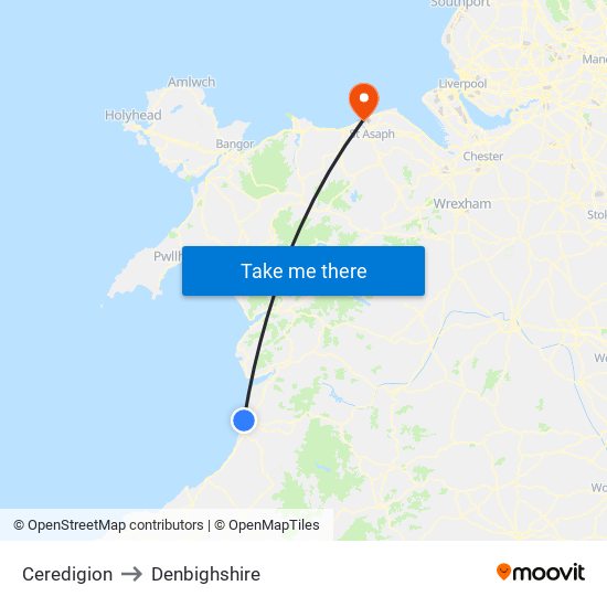 Ceredigion to Denbighshire map