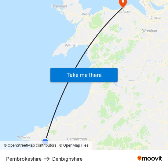 Pembrokeshire to Denbighshire map