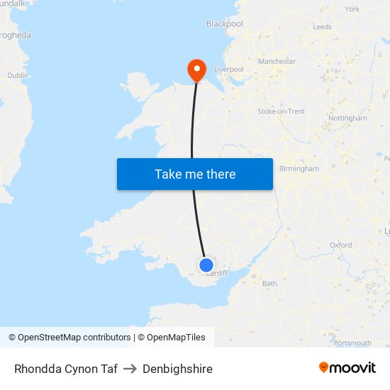 Rhondda Cynon Taf to Denbighshire map