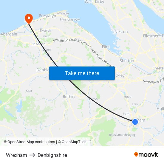 Wrexham to Denbighshire map