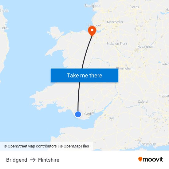 Bridgend to Flintshire map