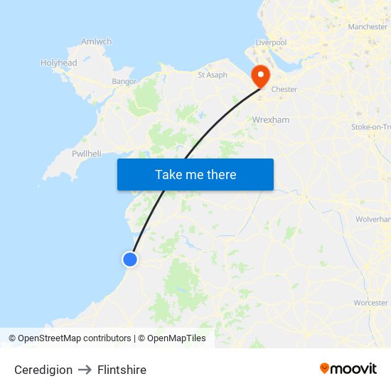 Ceredigion to Flintshire map