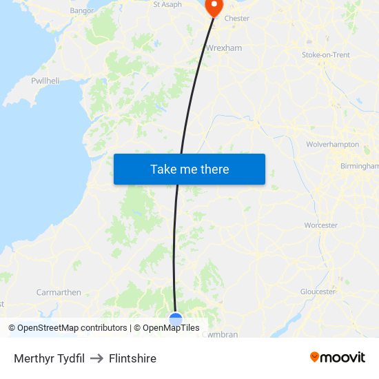 Merthyr Tydfil to Flintshire map