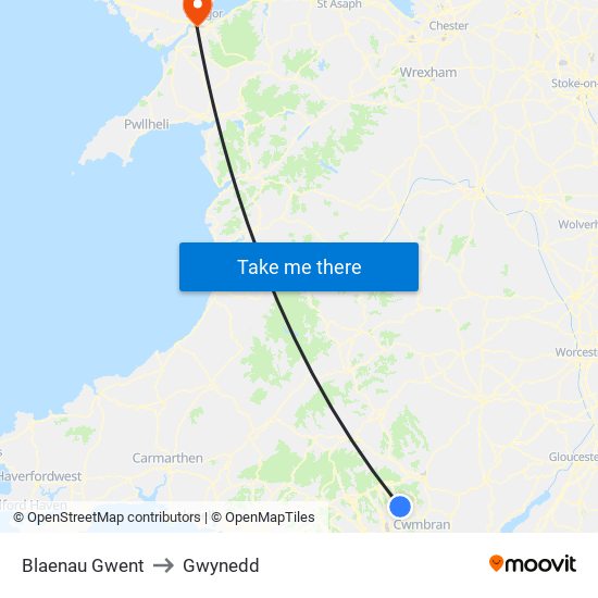 Blaenau Gwent to Gwynedd map