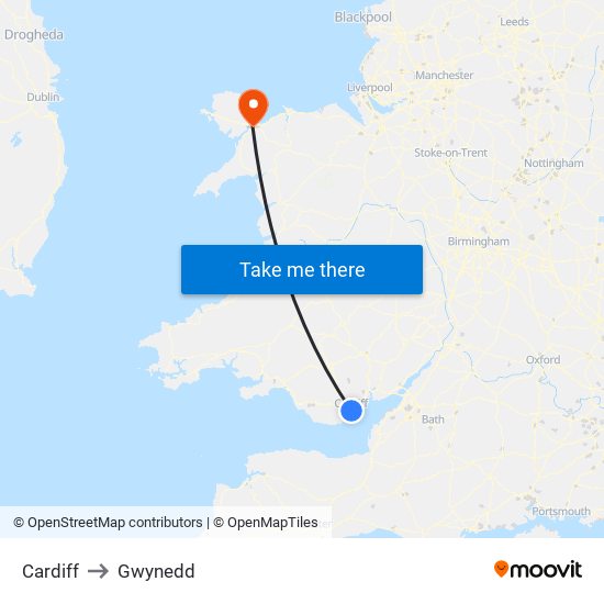 Cardiff to Gwynedd map