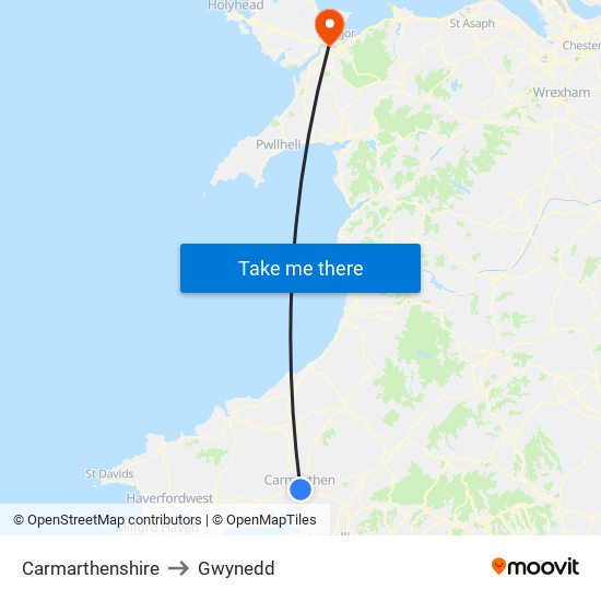 Carmarthenshire to Gwynedd map