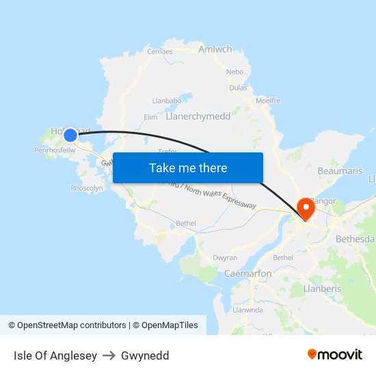 Isle Of Anglesey to Gwynedd map