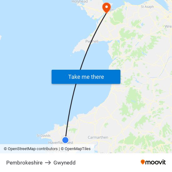Pembrokeshire to Gwynedd map