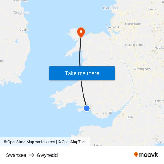 Swansea to Gwynedd map