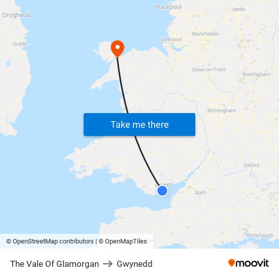 The Vale Of Glamorgan to Gwynedd map