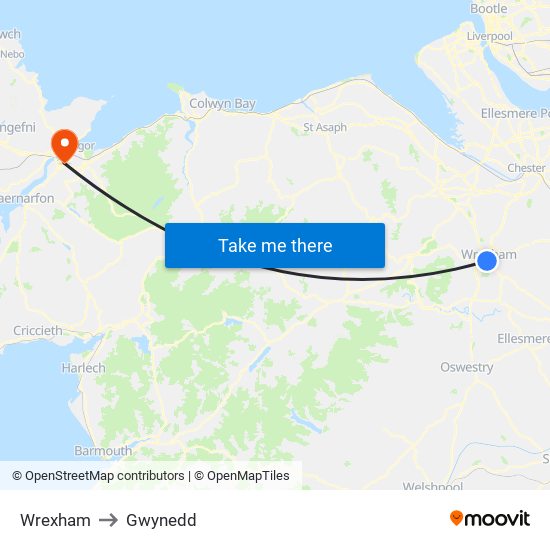 Wrexham to Gwynedd map