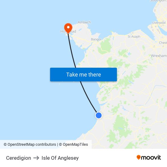 Ceredigion to Isle Of Anglesey map