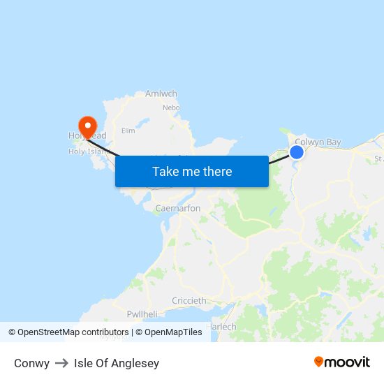 Conwy to Isle Of Anglesey map
