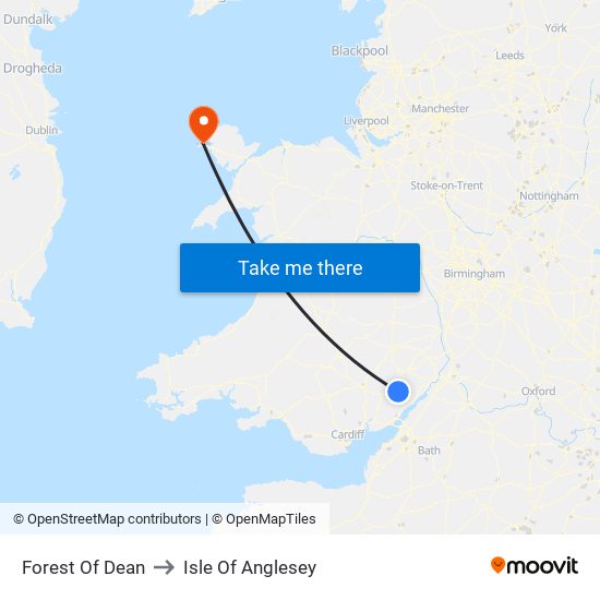 Forest Of Dean to Isle Of Anglesey map