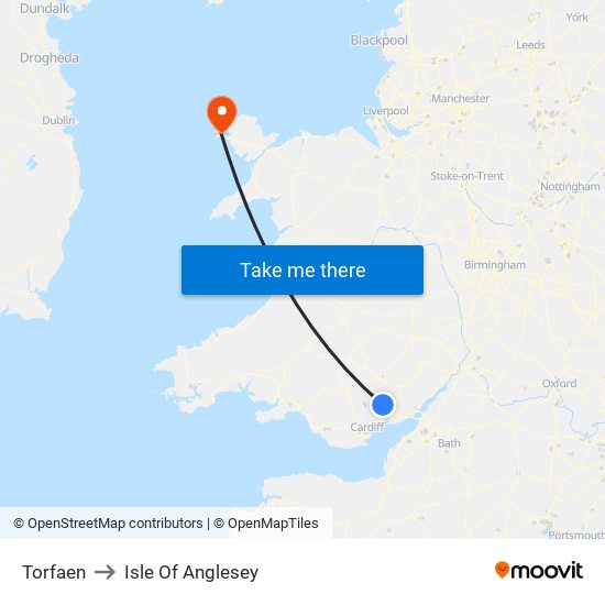 Torfaen to Isle Of Anglesey map