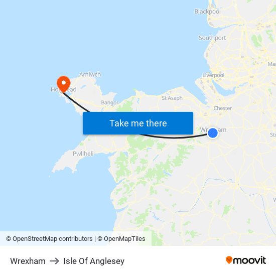 Wrexham to Isle Of Anglesey map