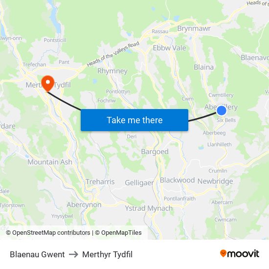 Blaenau Gwent to Merthyr Tydfil map