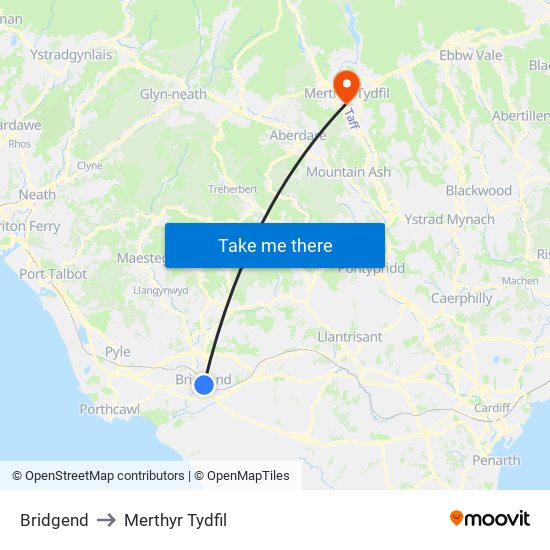 Bridgend to Merthyr Tydfil map