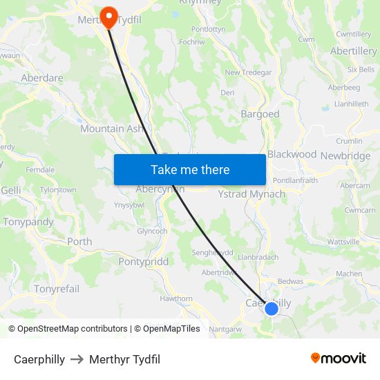 Caerphilly to Merthyr Tydfil map