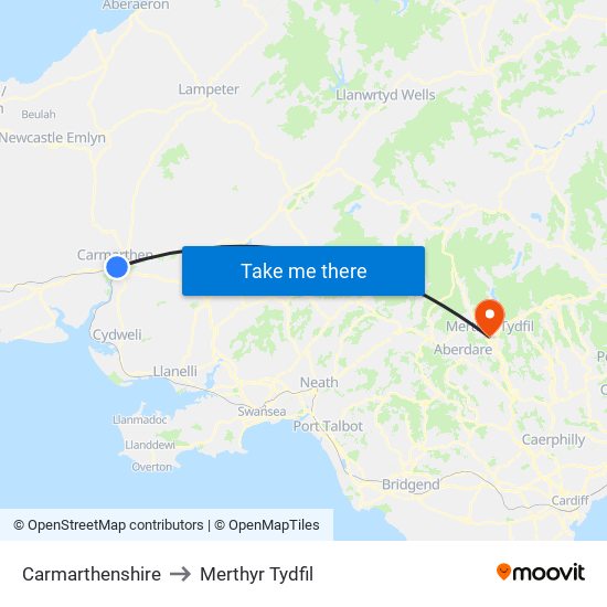Carmarthenshire to Merthyr Tydfil map