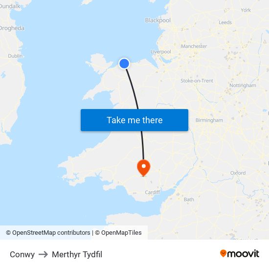 Conwy to Merthyr Tydfil map
