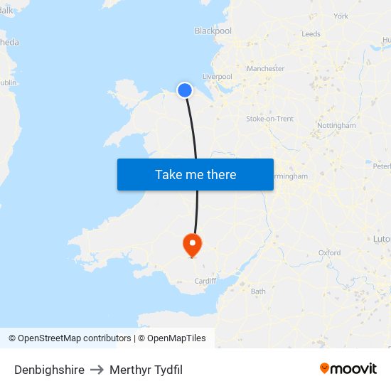 Denbighshire to Merthyr Tydfil map