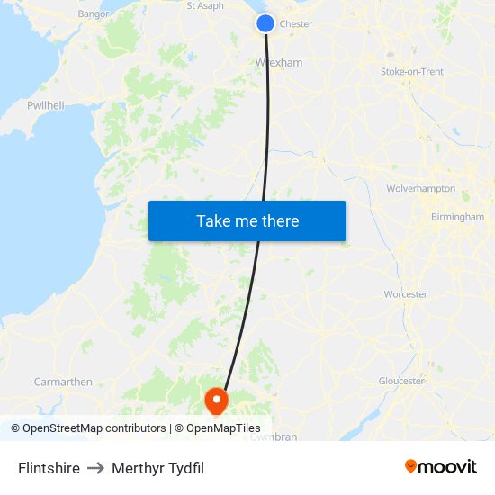 Flintshire to Merthyr Tydfil map