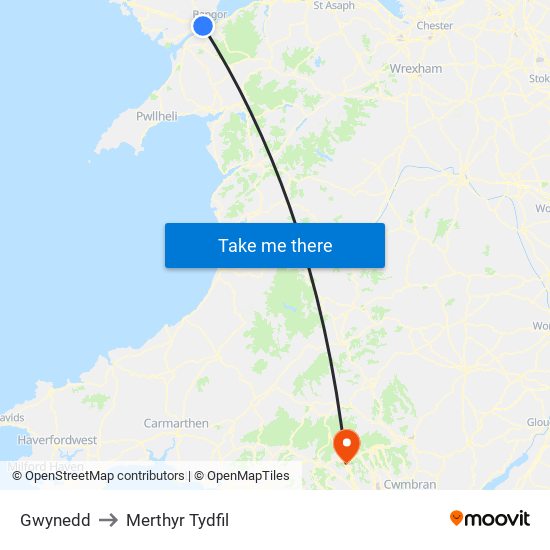 Gwynedd to Merthyr Tydfil map