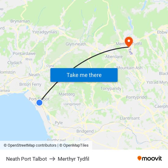 Neath Port Talbot to Merthyr Tydfil map