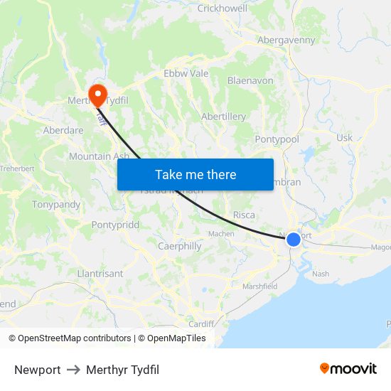 Newport to Merthyr Tydfil map