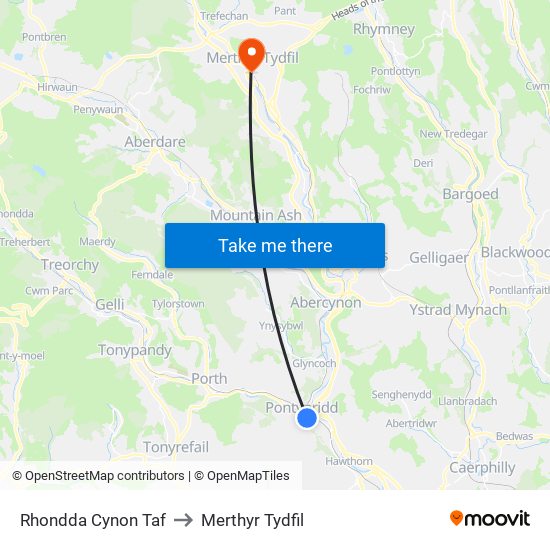 Rhondda Cynon Taf to Merthyr Tydfil map