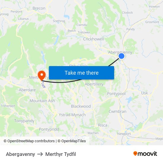 Abergavenny to Merthyr Tydfil map