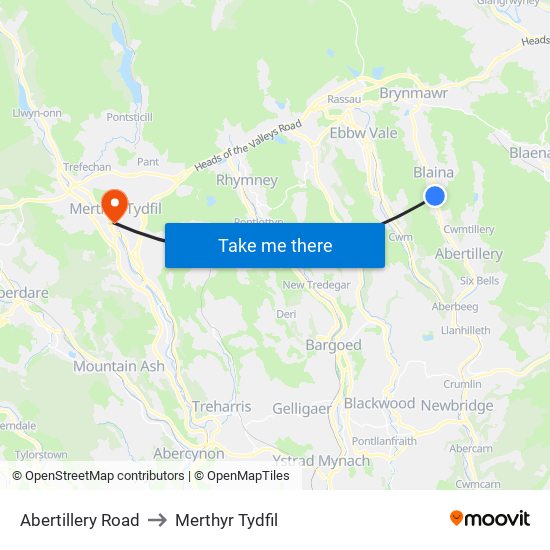 Abertillery Road to Merthyr Tydfil map