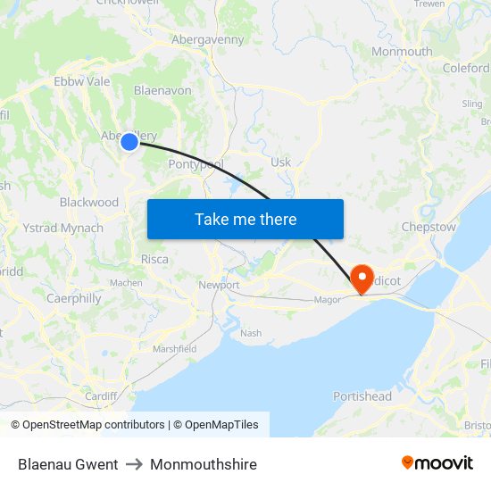 Blaenau Gwent to Monmouthshire map
