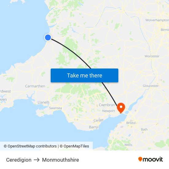 Ceredigion to Monmouthshire map