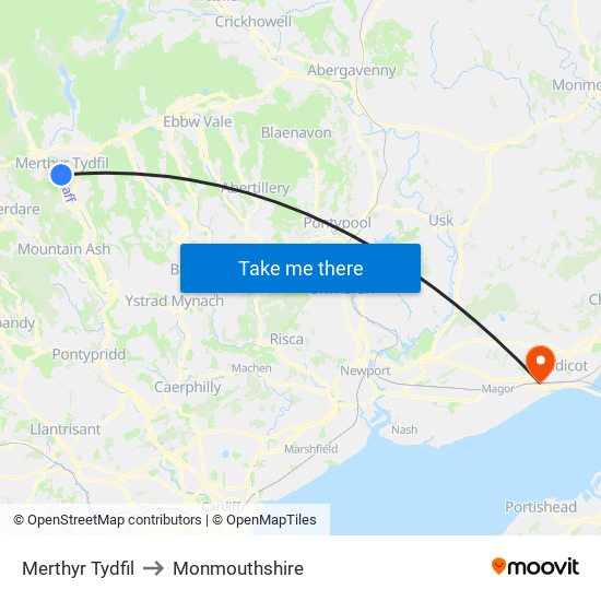 Merthyr Tydfil to Monmouthshire map
