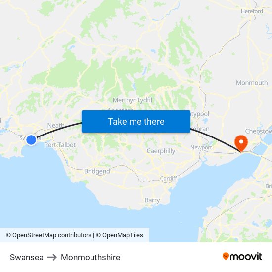 Swansea to Monmouthshire map