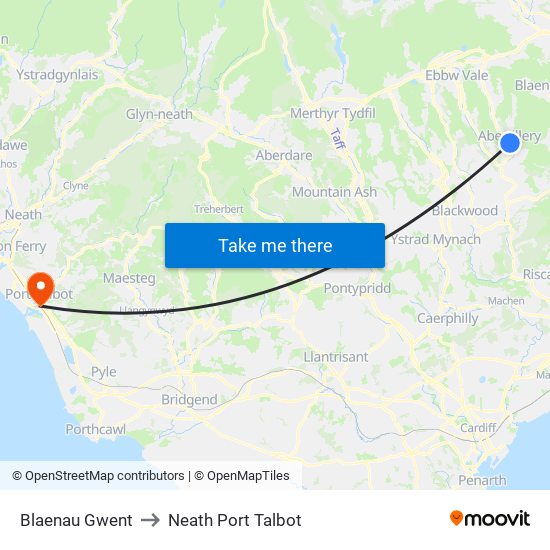 Blaenau Gwent to Neath Port Talbot map