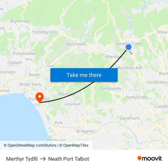 Merthyr Tydfil to Neath Port Talbot map