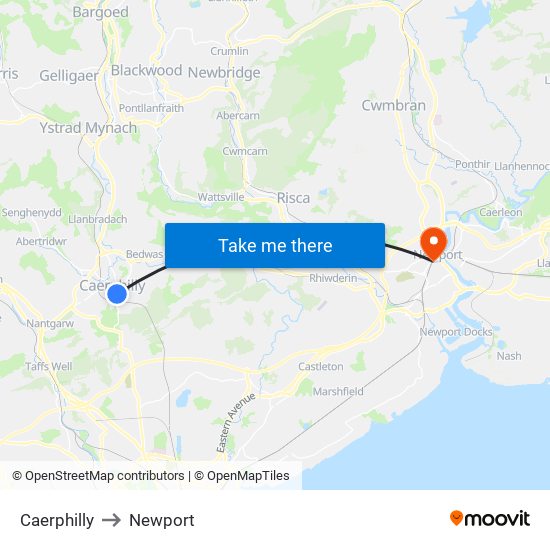 Caerphilly to Newport map