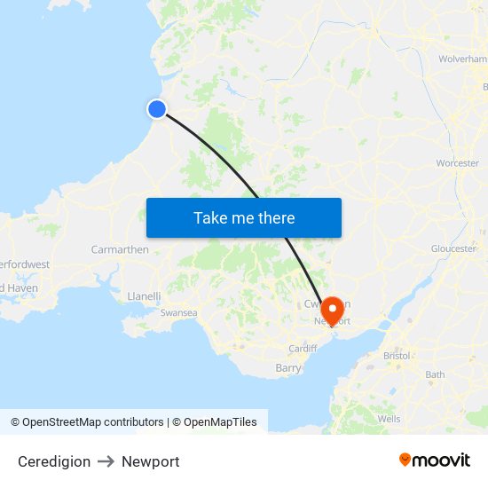 Ceredigion to Newport map